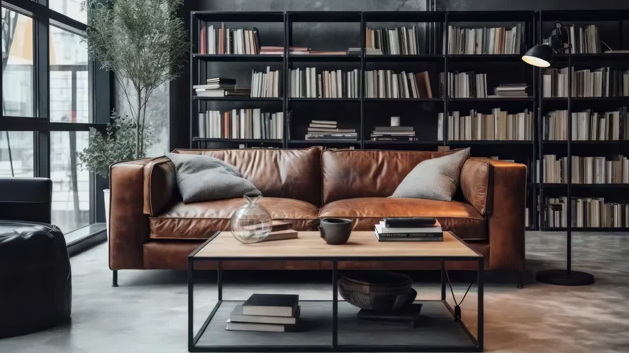 Un accogliente soggiorno con divani in pelle e librerie, ripreso all'altezza degli occhi.