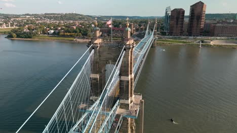 Aerial-Flyover-Pan-of-Suspension-Bridge-and-Newport-Kentucky,-Cincinnati,-Ohio