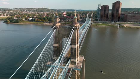 pan de sobrevuelo aéreo del puente colgante y newport kentucky, cincinnati, ohio