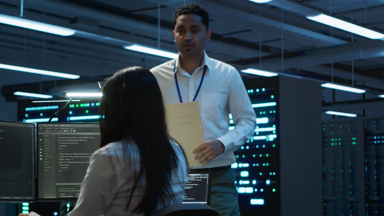 Teamworking colleagues in data center ensuring compliance with regulations