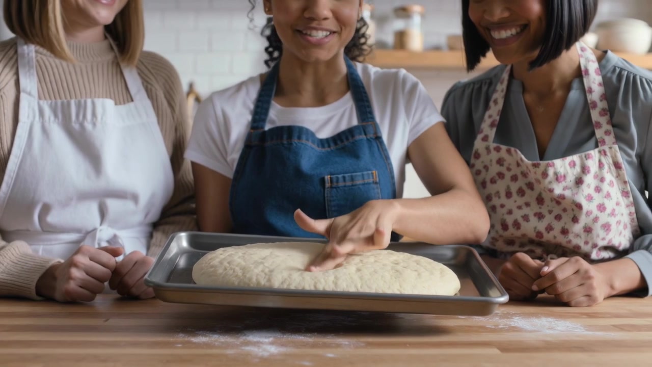 Holding metal tray out, three women in aprons pressing risen dough in home kitchen checking rise