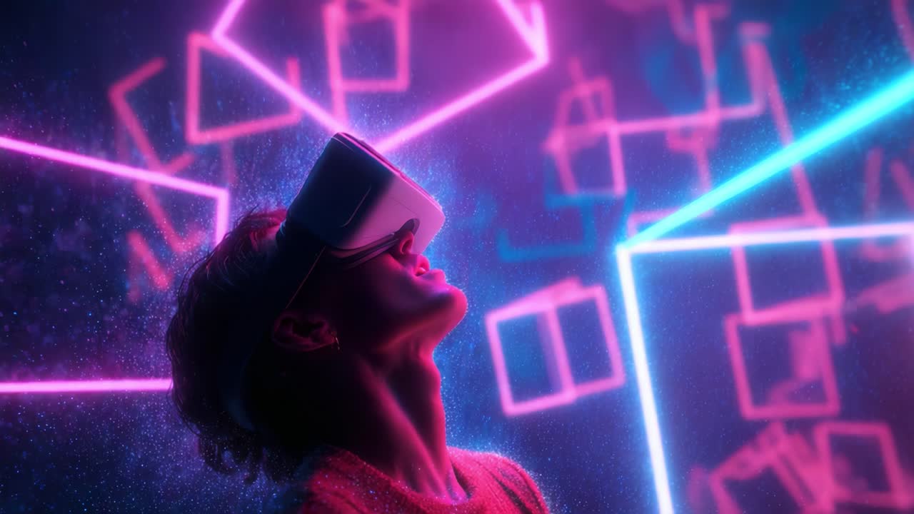 Exploring Virtual Realities: A Glimpse into the Immersive World of Technology, as a User Engages with a Stunning Visual Landscape Enhanced by Dynamic Light Patterns and Colors
