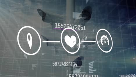 Animation-of-changing-numbers-and-network-of-digital-icons-against-surveillance-cameras