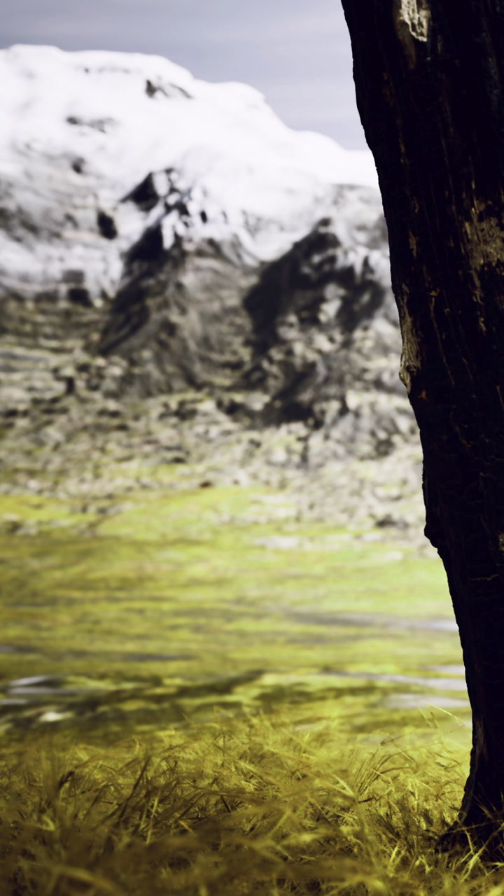 Majestic mountains rise behind lush green fields beneath a clear sky