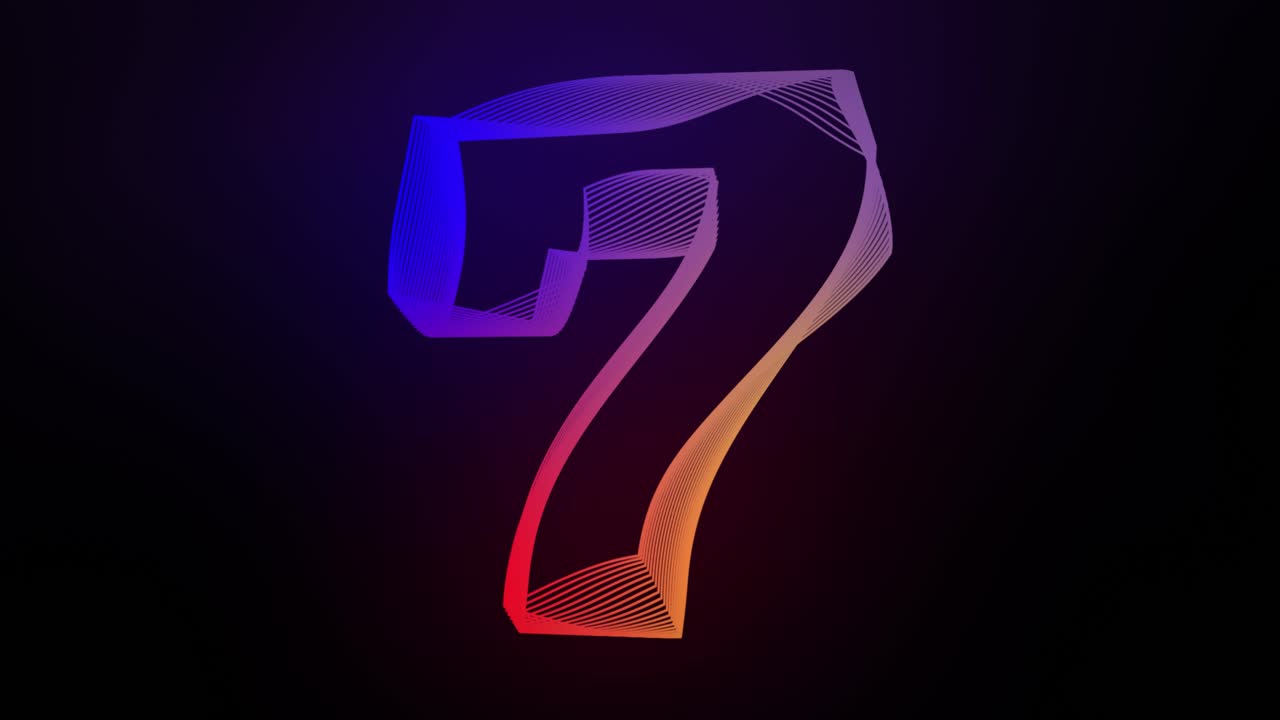 3d número 7 siete líneas giratorias en movimiento animación en fondo de gradiente oscuro abstracto gráficos de movimiento dinámico partículas de brillo tipografía efecto visual arco iris digital