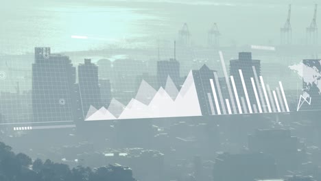 Animation-of-graphs,-loading-bars-and-map-over-modern-cityscape-against-cloudy-sky