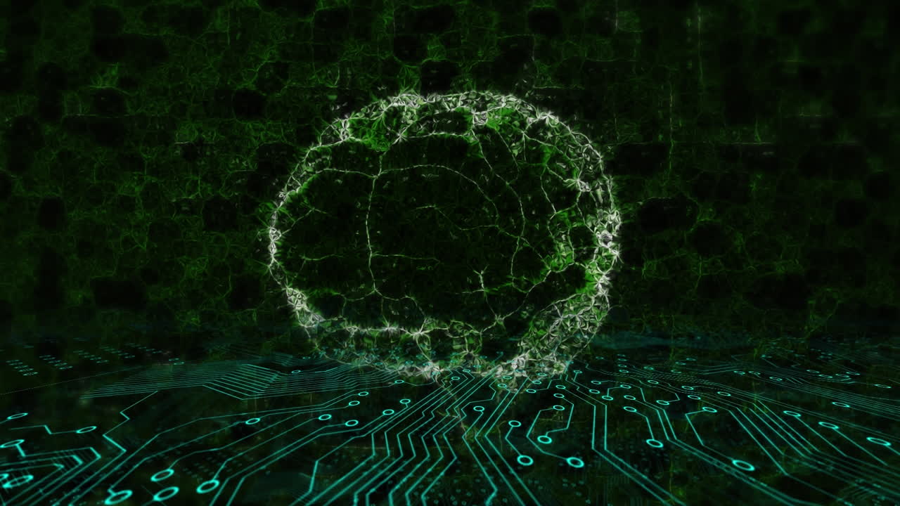 Animation of rotating brain over computer circuitboard on black background