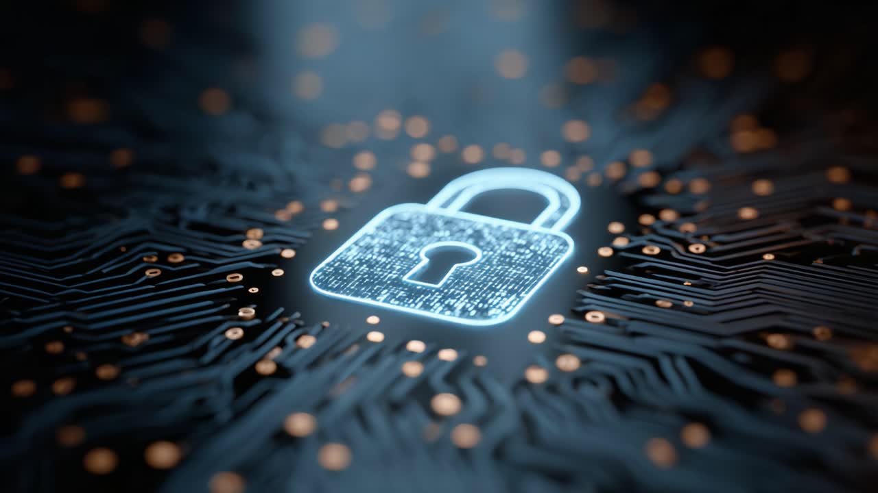 A Stylish Digital Lock Icon Representing Cybersecurity and Data Protection Within an Abstract Circuit Board Background