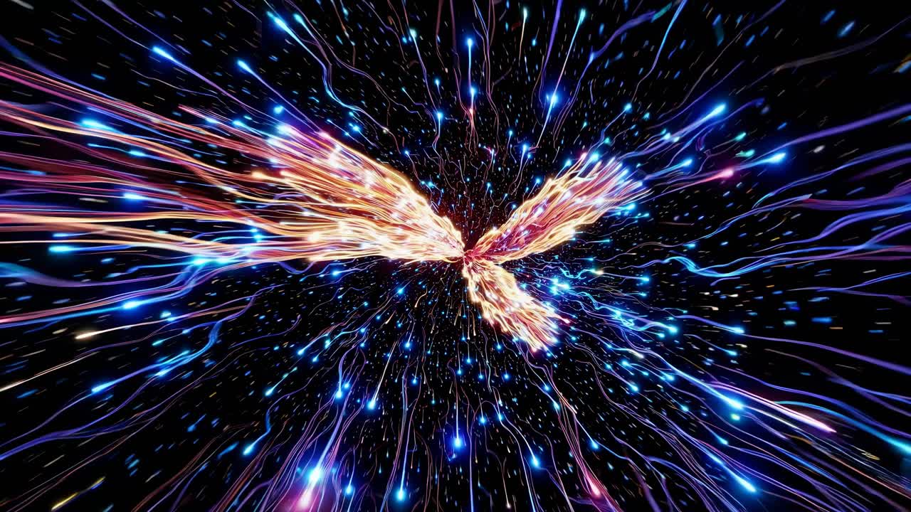 Concetto di video dinamico con un'esplosione cosmica di scie luminose colorate