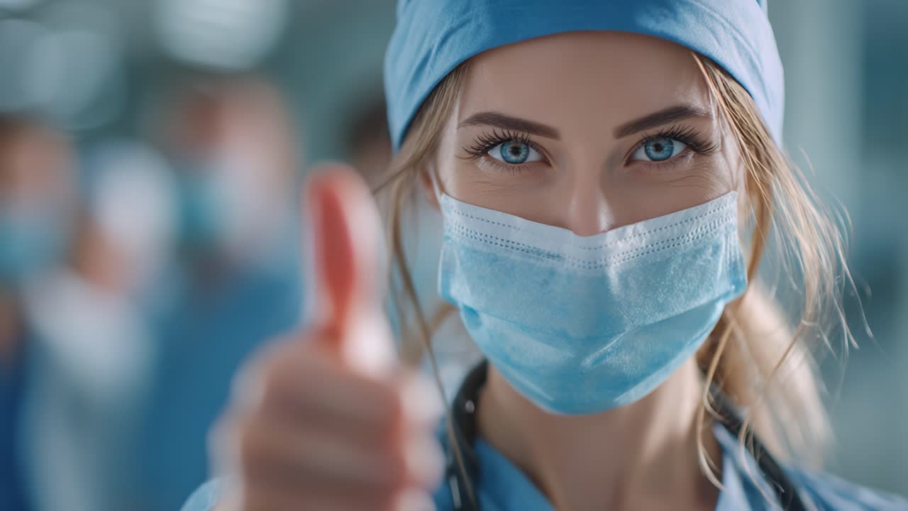 A Dedicated Medical Professional with a Confident Smile in Surgical Scrubs, Displaying Positivity with a Thumbs-Up Gesture in a Hospital Setting