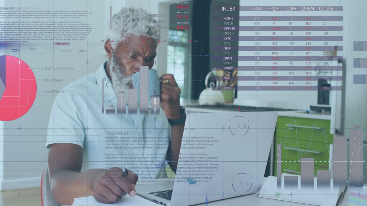 Animation of statistical data processing over african american man drinking coffee and using laptop
