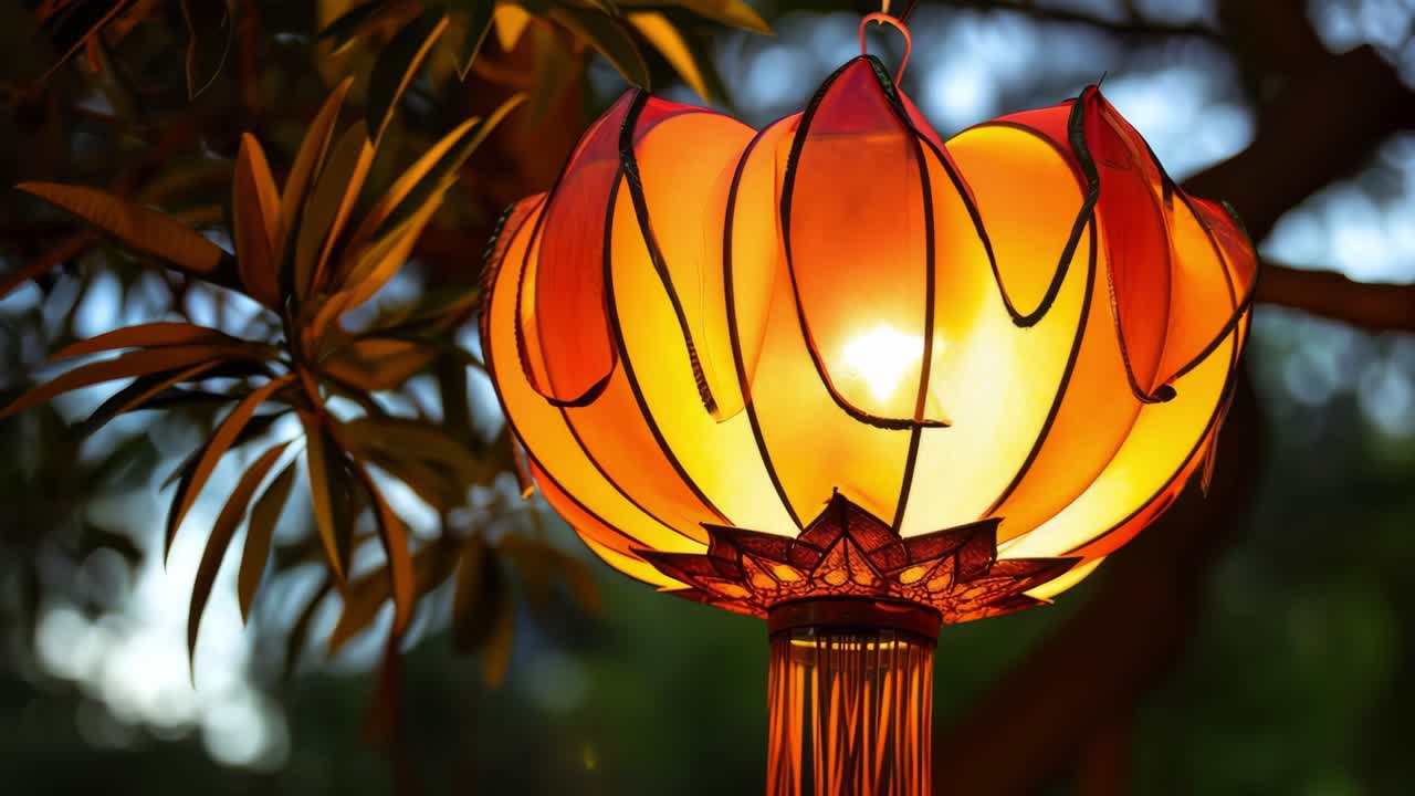 Lotus shaped chinese paper lantern emitting warm light, hanging from a tree in a garden, creating a peaceful and enchanting atmosphere at dusk