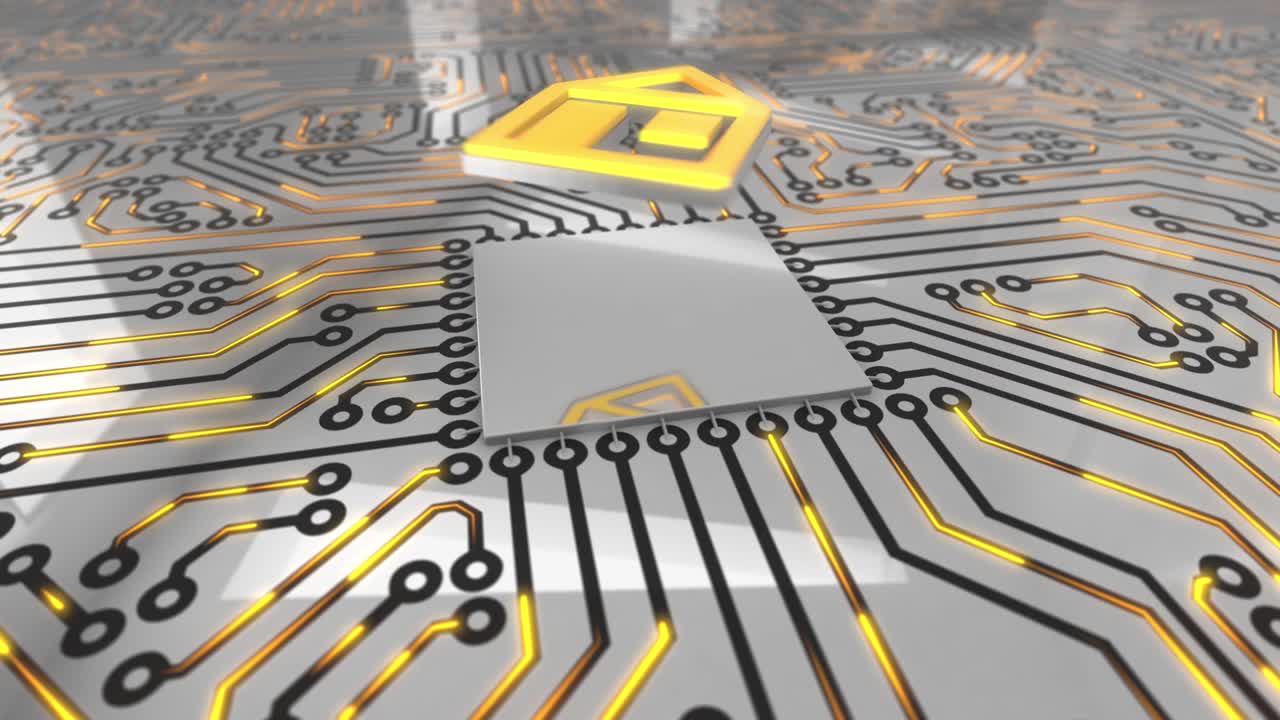 밝은 오렌지 회전 컴퓨터 회로 보드 개념 홈 루프