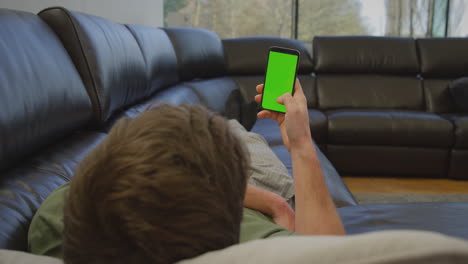 hombre con pijama tendido en el sofá en casa mirando la pantalla verde del teléfono móvil - filmado en cámara lenta