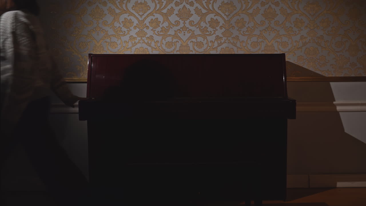 Donna che suona il pianoforte in una stanza buia