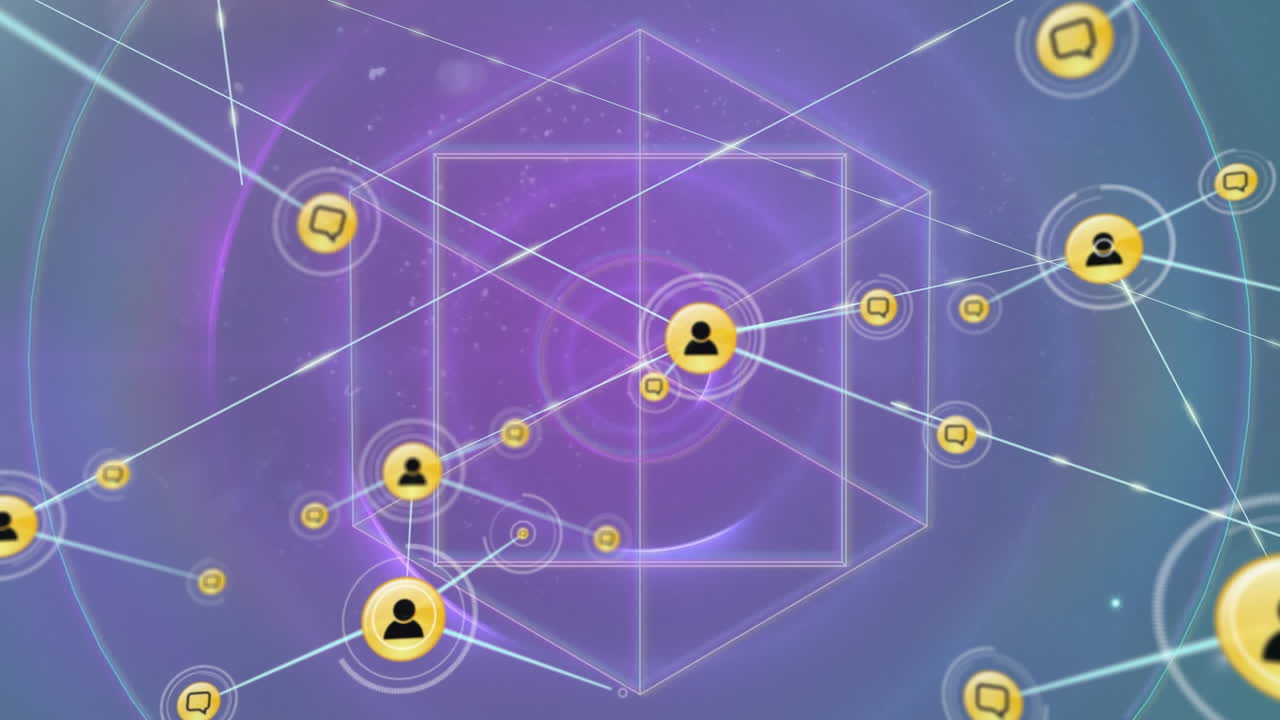 animación de una red de iconos digitales sobre formas geométricas abstractas y puntos de luz coloridos