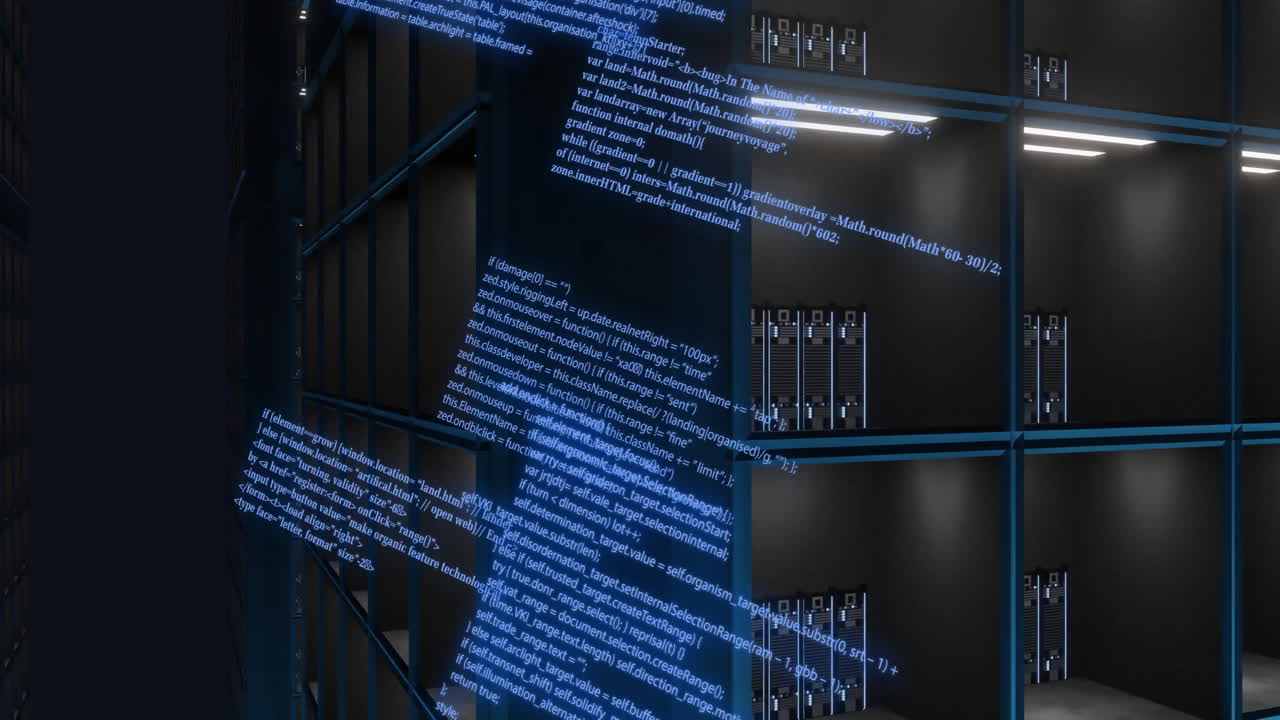 Flowing code animation over server racks in data center