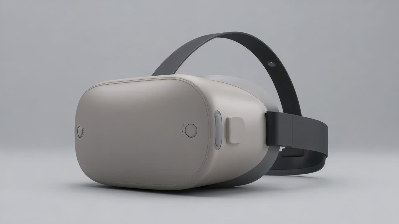 Rotating standalone VR headset moving toward front in studio, revealing strap, sensor rings