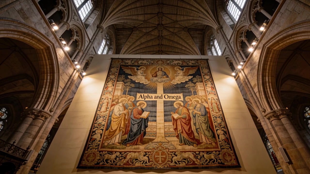 Pushing camera approaching large tapestry in Gothic nave, showing 'Alpha and Omega' text and vaults