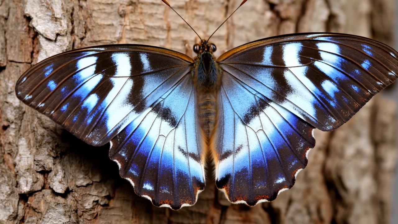 Blue Butterfly Resting On Bark, Vivid Iridescent Wings Spread Wide Against Textured Trunk, Closeup Macro
