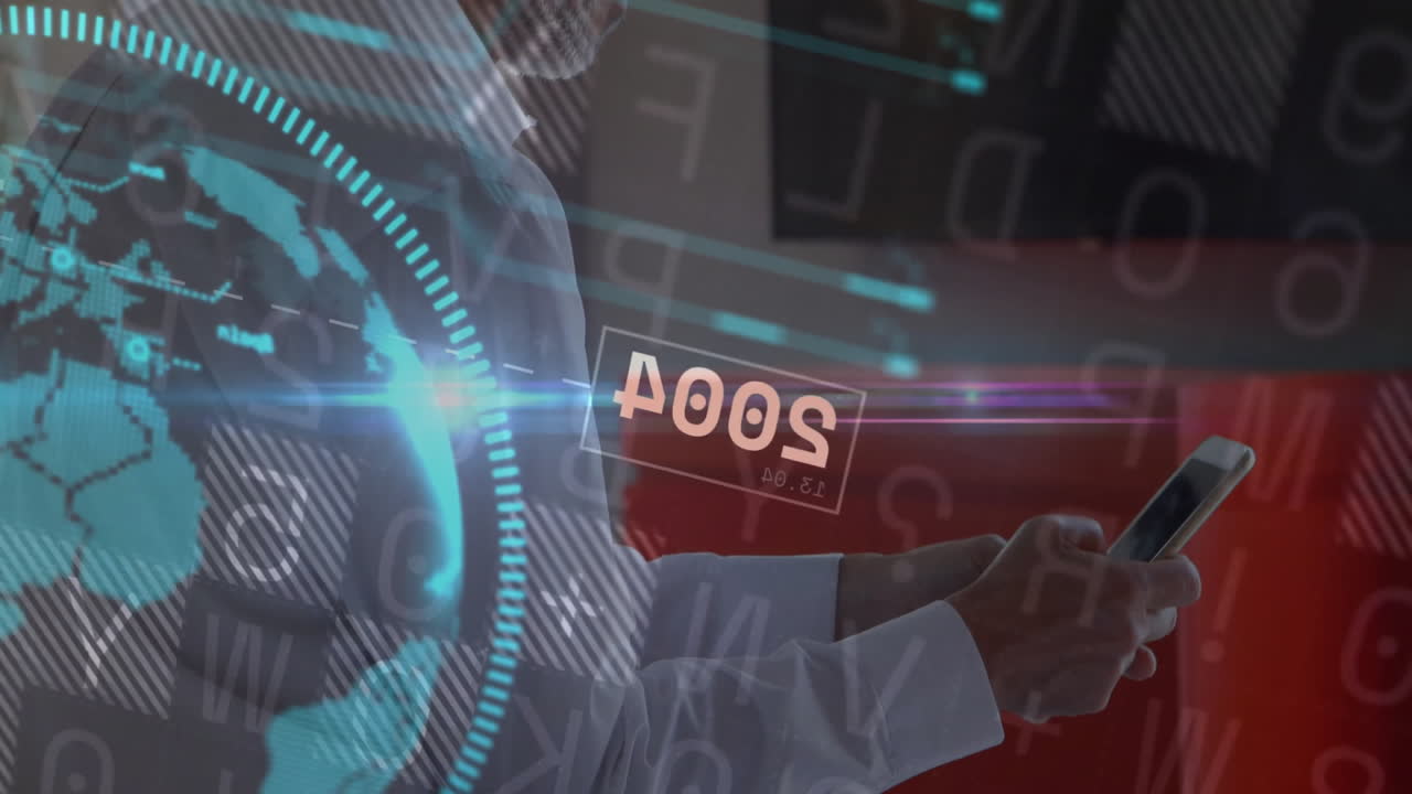 스마트 폰을 사용하여 카우카스인 남성의 데이터 처리 및 지구상의 애니메이션