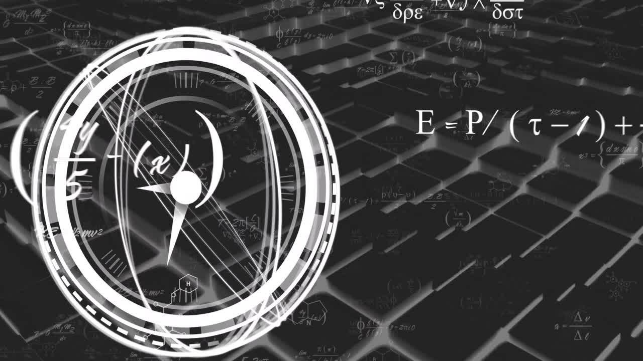 animación de escaneo de alcance con reloj sobre ecuaciones matemáticas en fondo negro.