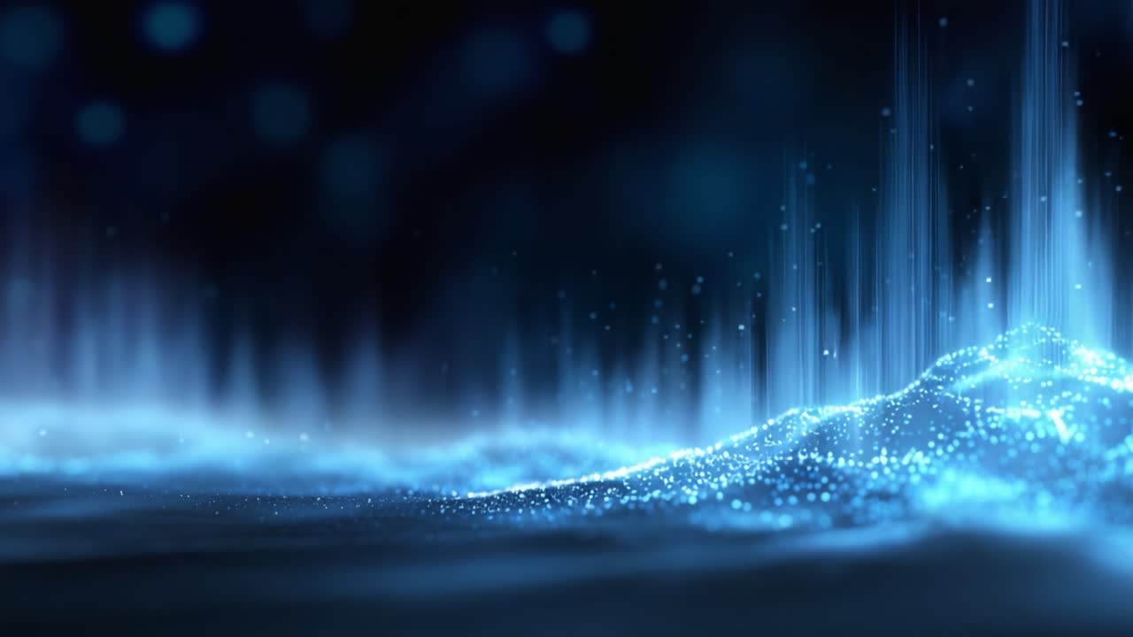A Captivating Visualization of Ethereal Blue Particles and Waves in a Dreamlike Digital Landscape, Evoking Depth and Motion in a Futuristic Setting