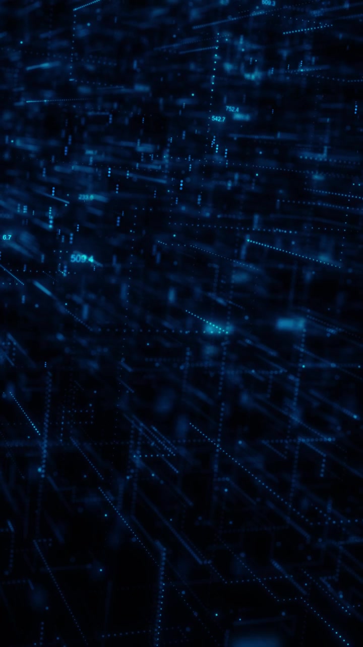 Dark blue data city background with glowing numbers blurred digital structures dotted lines and deep
