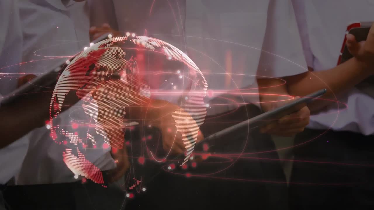 Animation of network of connections with globe over school children using tablets