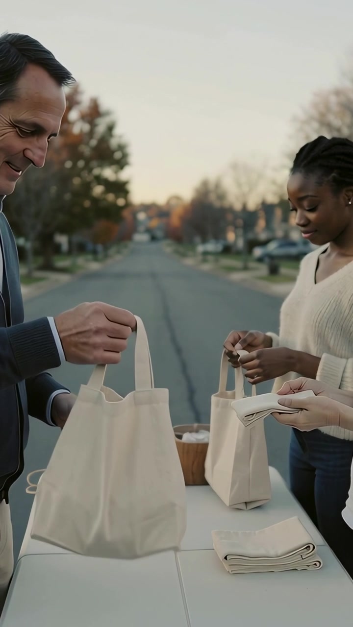 Vertical video: Grabbing beige tote, locals in cream knit filling cloths to share on street at dusk