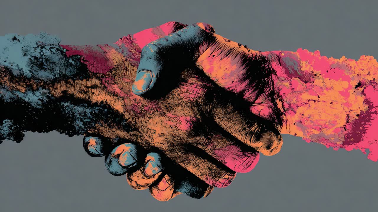Una dimostrazione audace di unità e collaborazione: una rappresentazione artistica di due mani che si stringono, a simboleggiare la pace, la partnership e il potere dello stare insieme su uno sfondo vivido e colorato