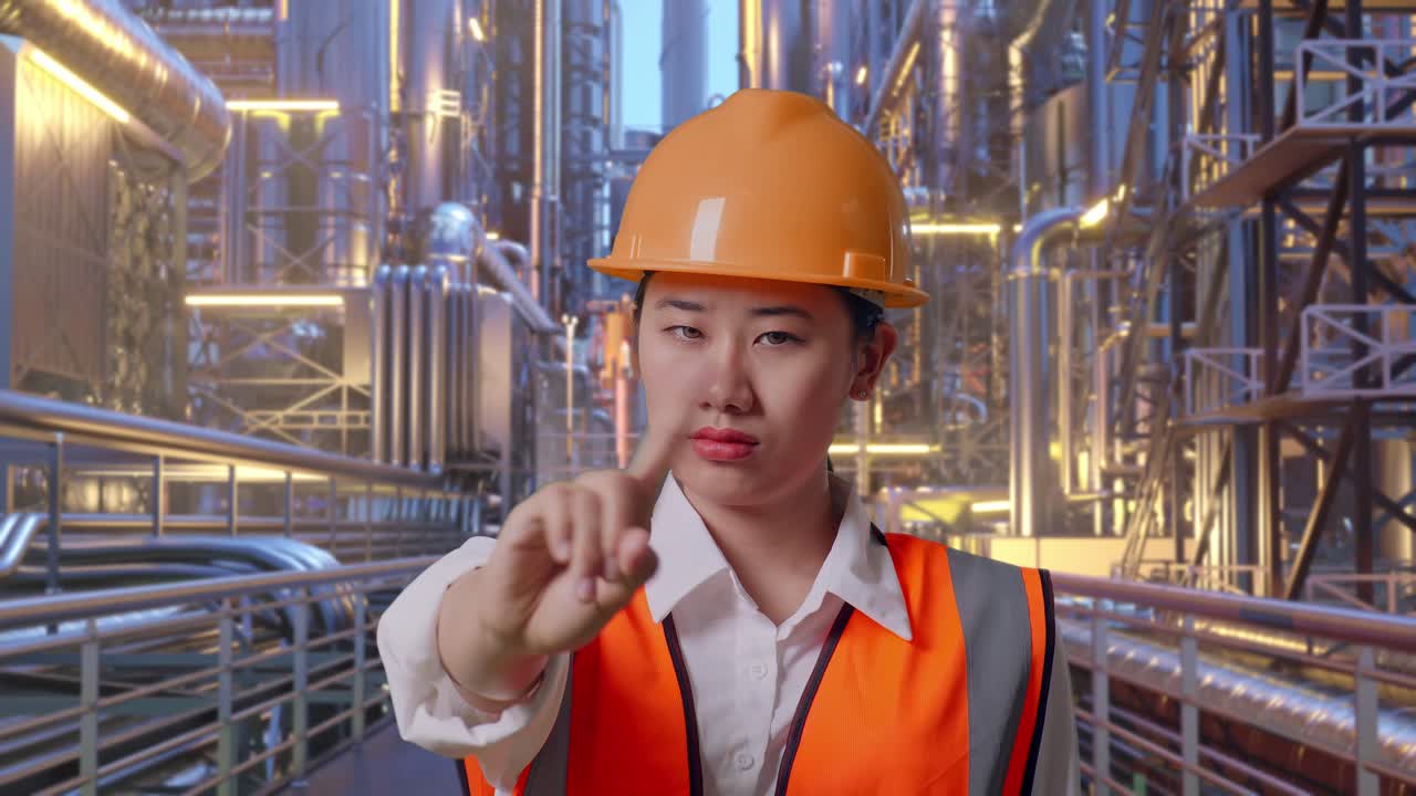 Close Up Of Asian Female Engineer With Safety Helmet Disapproving With No Index Finger Sign While Standing At A Vast Oil Refinery