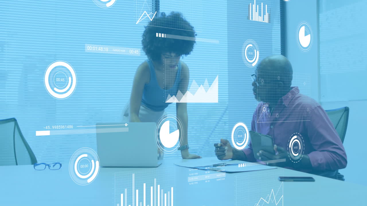 Animation of financial data processing over diverse colleagues discussing work in office