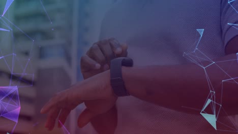 animación de redes de conexiones sobre el hombre usando smartwatch en segundo plano