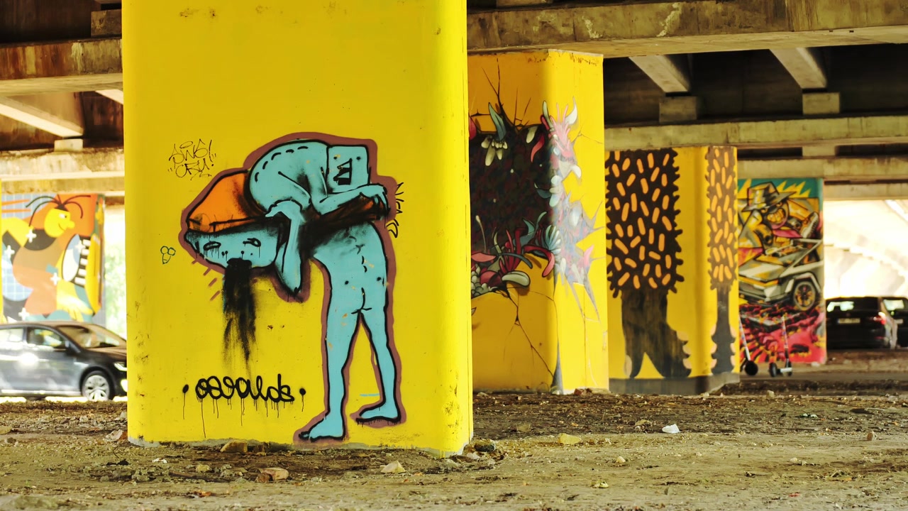 Murales vivaci trasformano i pilastri di un ponte in cemento in una scena d'arte urbana a Riga