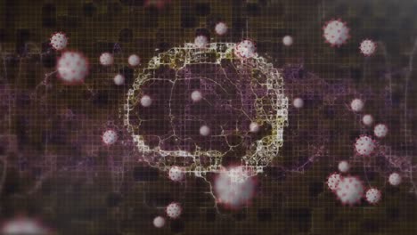 digital animation of multiple covid-19 cells floating over human brain spinning on black background