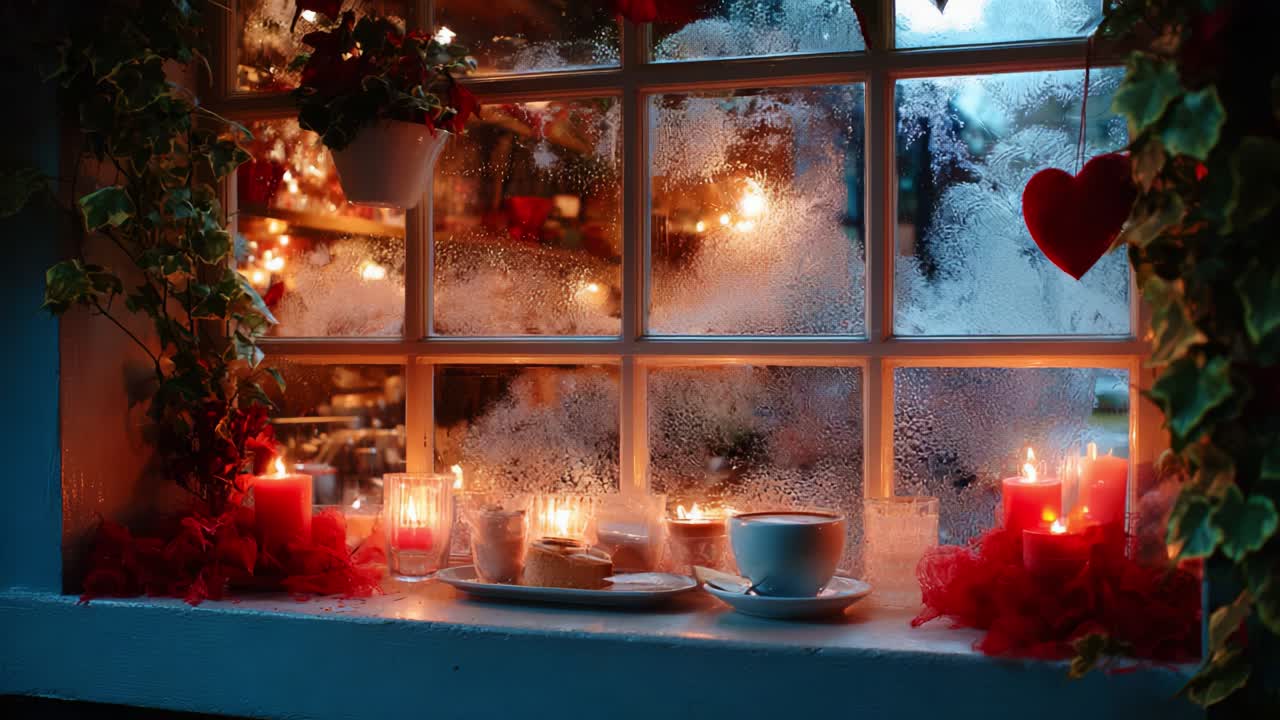 A Cozy and Inviting Window View with Candles and a Cup of Tea, Surrounded by Romantic Elements, Creating a Warm Atmosphere, Capturing the Essence of Comfort and Intimacy in a Delightful Setting
