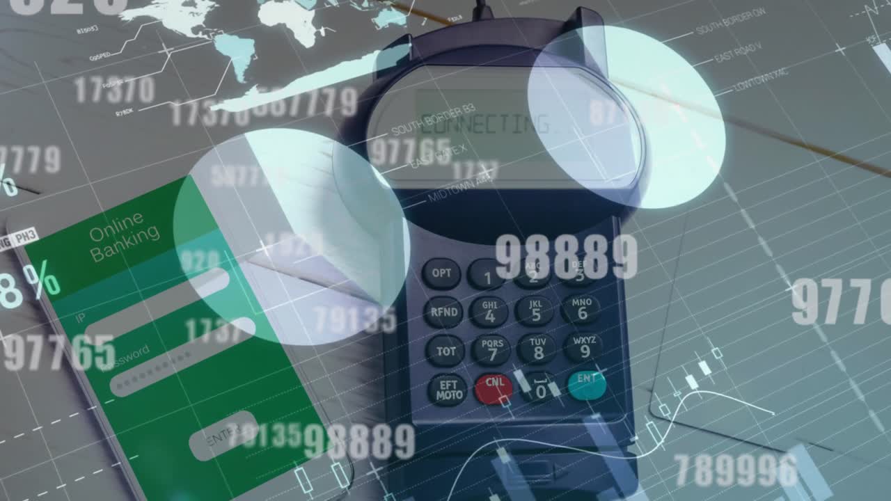 animación del procesamiento de datos financieros a través de una calculadora y un teléfono inteligente