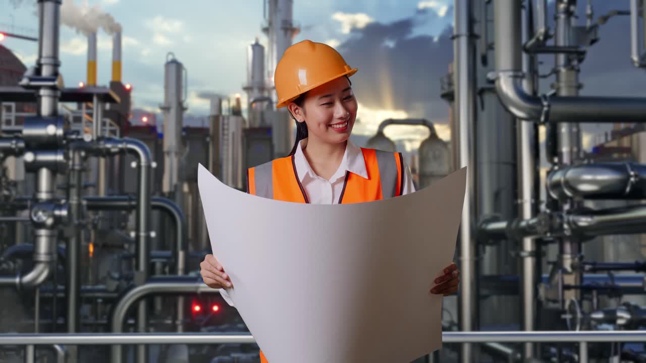 Female Engineer Reviewing Plans at an Industrial Plant