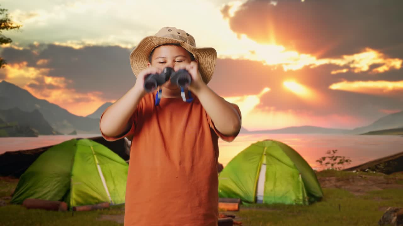 A Boy Camping in the Mountains During Sunset
