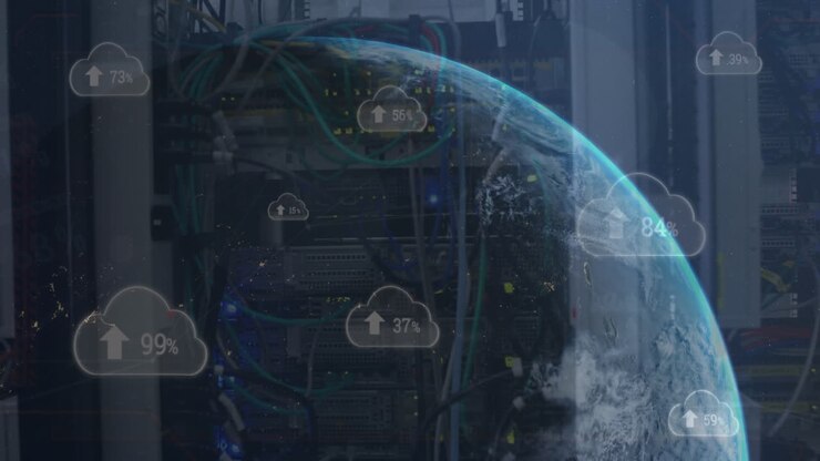 Animation of clouds with changing numbers, arrows and globe over back panel of server rack