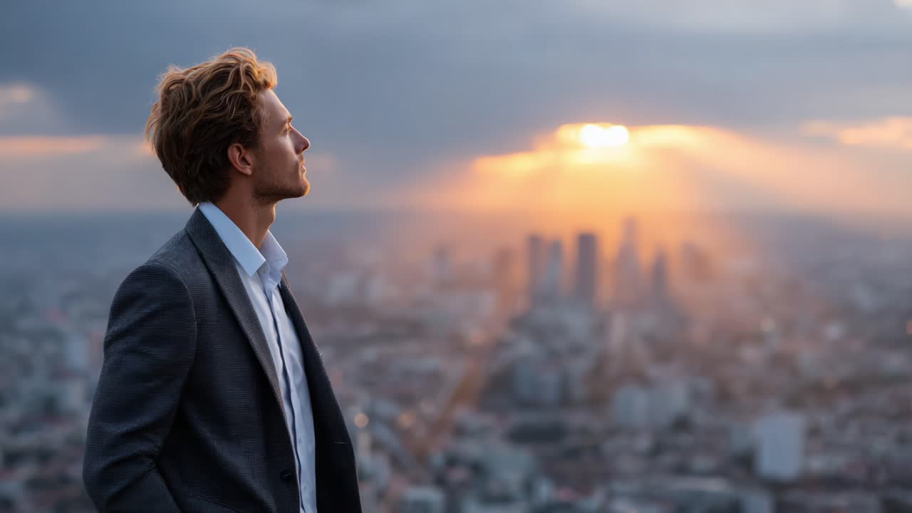 A contemplative man gazes at a breathtaking sunset over a sprawling city, capturing a moment of reflection and wonder amidst urban beauty