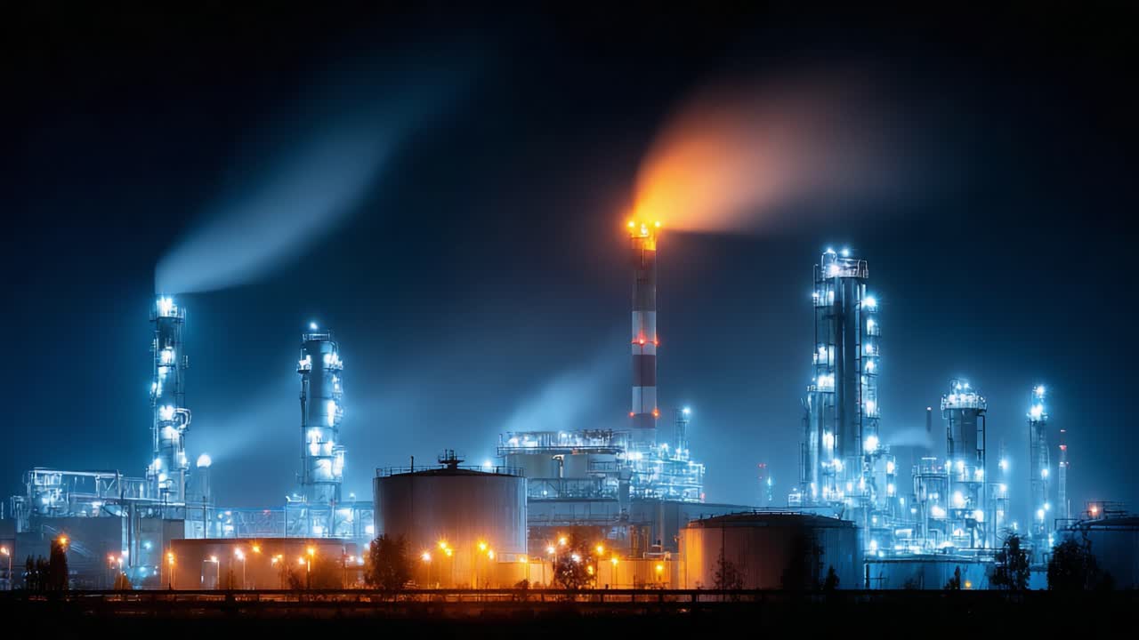 Illuminated Industrial Complex at Night: A Stunning View of a Modern Refinery Featuring Smoke, Flames, and Brilliant Lighting Amidst a Dark Sky