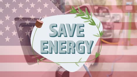 Save-energy-text-over-flag-of-united-states-and-charging-electric-car