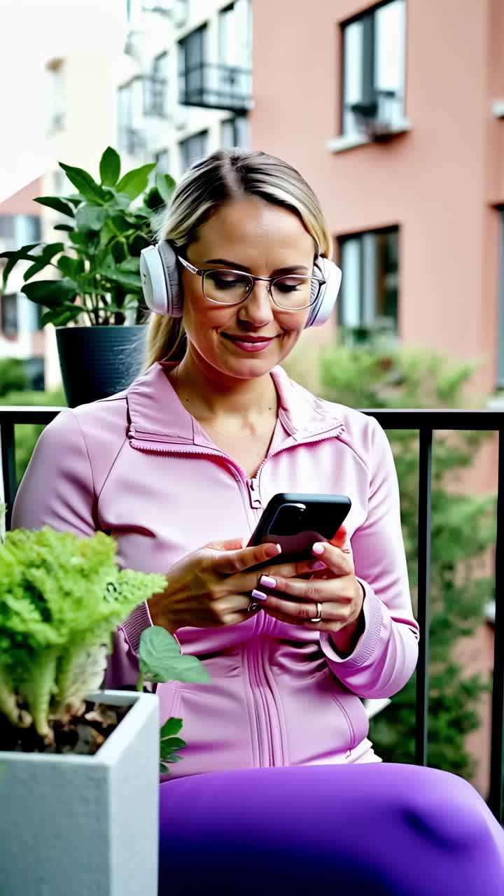 A woman is sitting on a balcony and looking at her phone