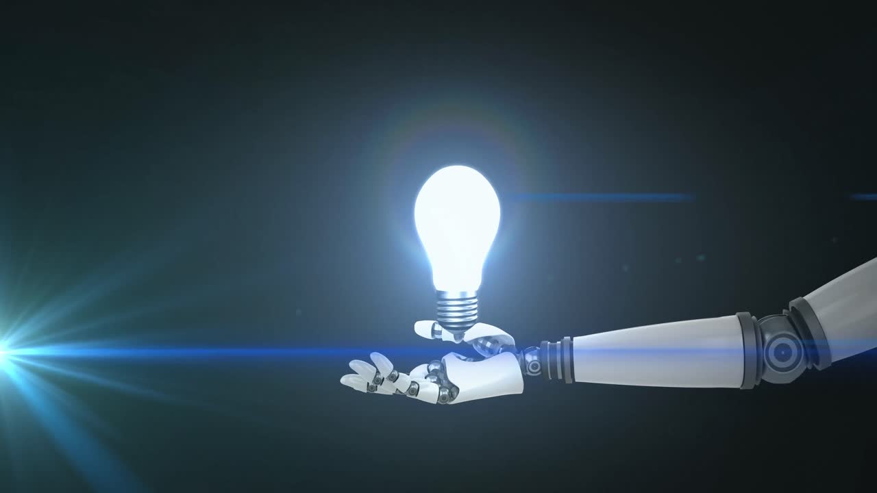 Animation of illuminated light bulb over hand of robot arm, with moving light on dark background
