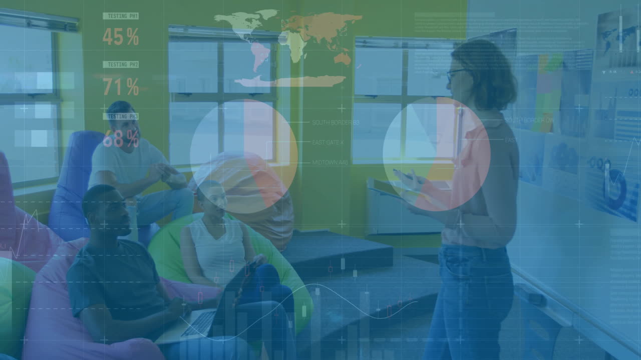 현대 사무실에서 다양한 팀 회의를 통해 비즈니스 데이터 분석 애니메이션