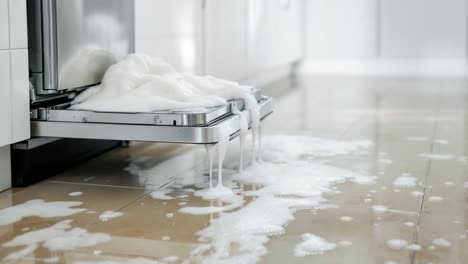 dishwasher overflowing with soap suds in a kitchen