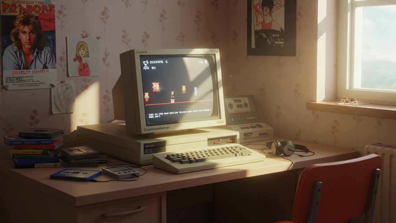 A Nostalgic Computer Setup from the 1980s, Featuring Vintage Gaming, a Cathode Ray Monitor, and Personal Touches in a Sunlit Room