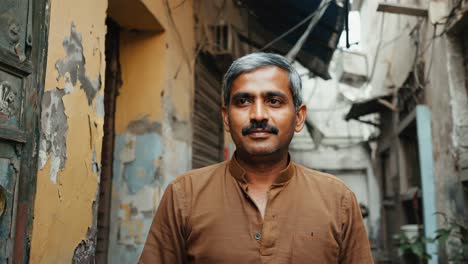 portrait of a middle aged indian man standing in a dilapidated alley, representing the struggles of daily life in an impoverished community